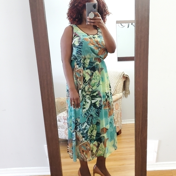 FUN & Flirt Women Sleeveless Green Dress Size Large Tropical Maxi Dress - Picture 3 of 15